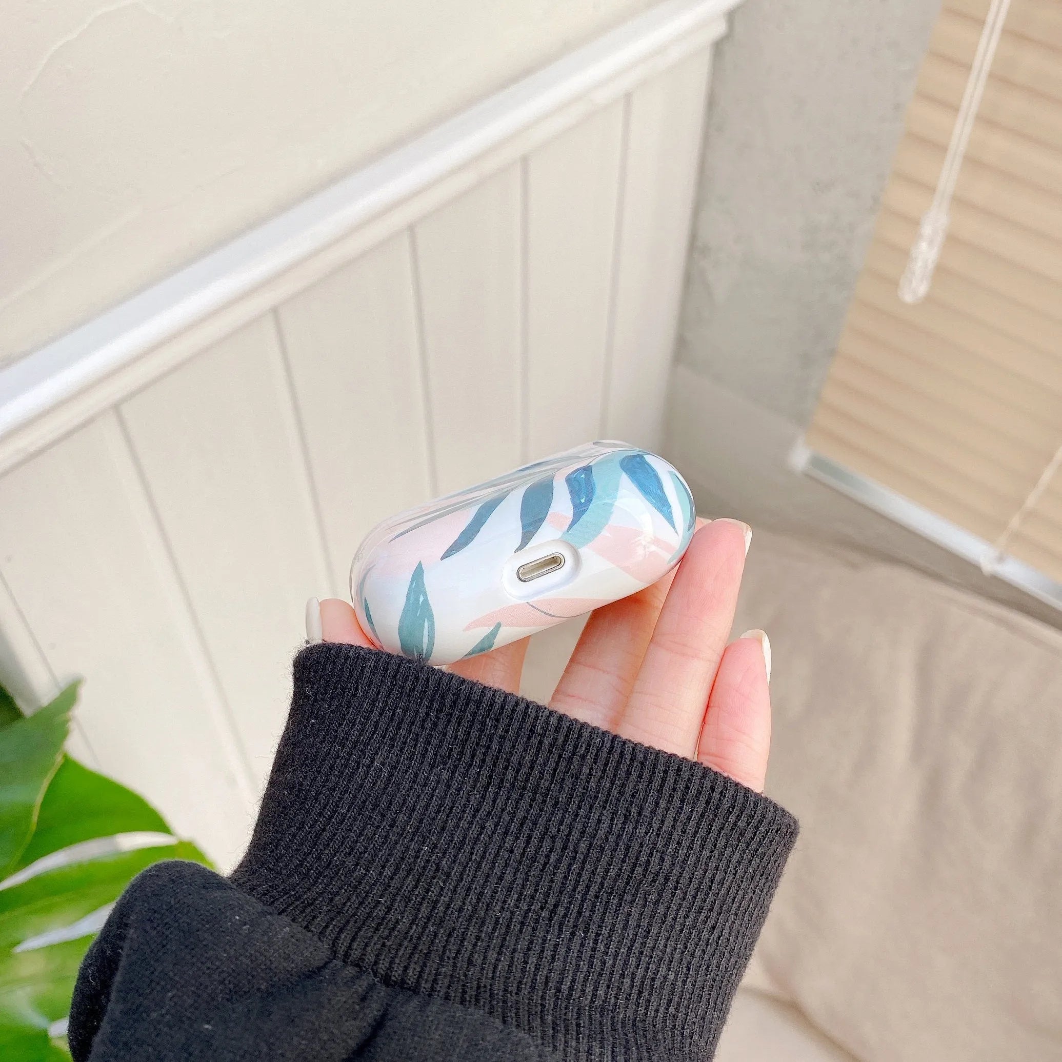 Banana leaf tropical design TPU case for AirPods in blue and green colour options