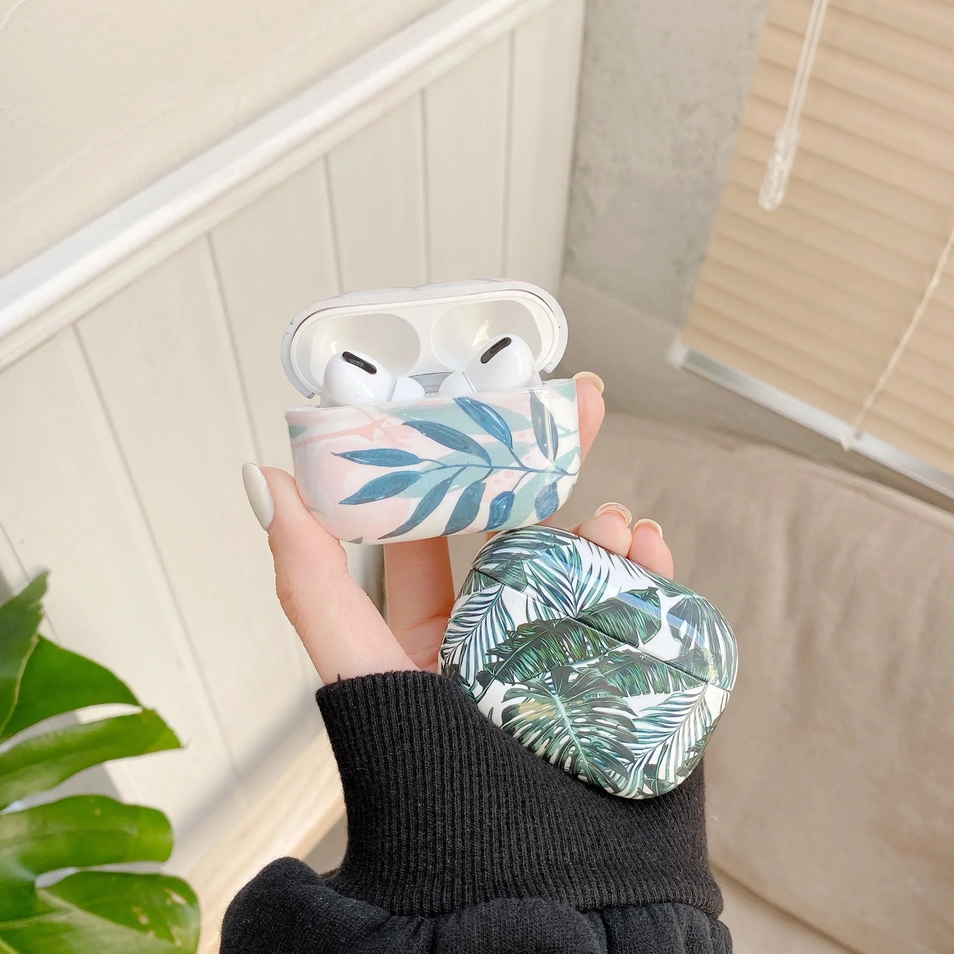 Banana leaf tropical design TPU case for AirPods in blue and green colour options