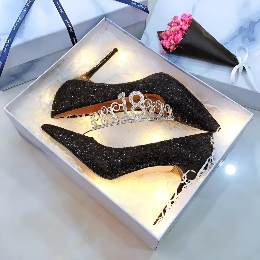 Women's wedding shoes with crystal embellishments and stiletto heels in black or silver