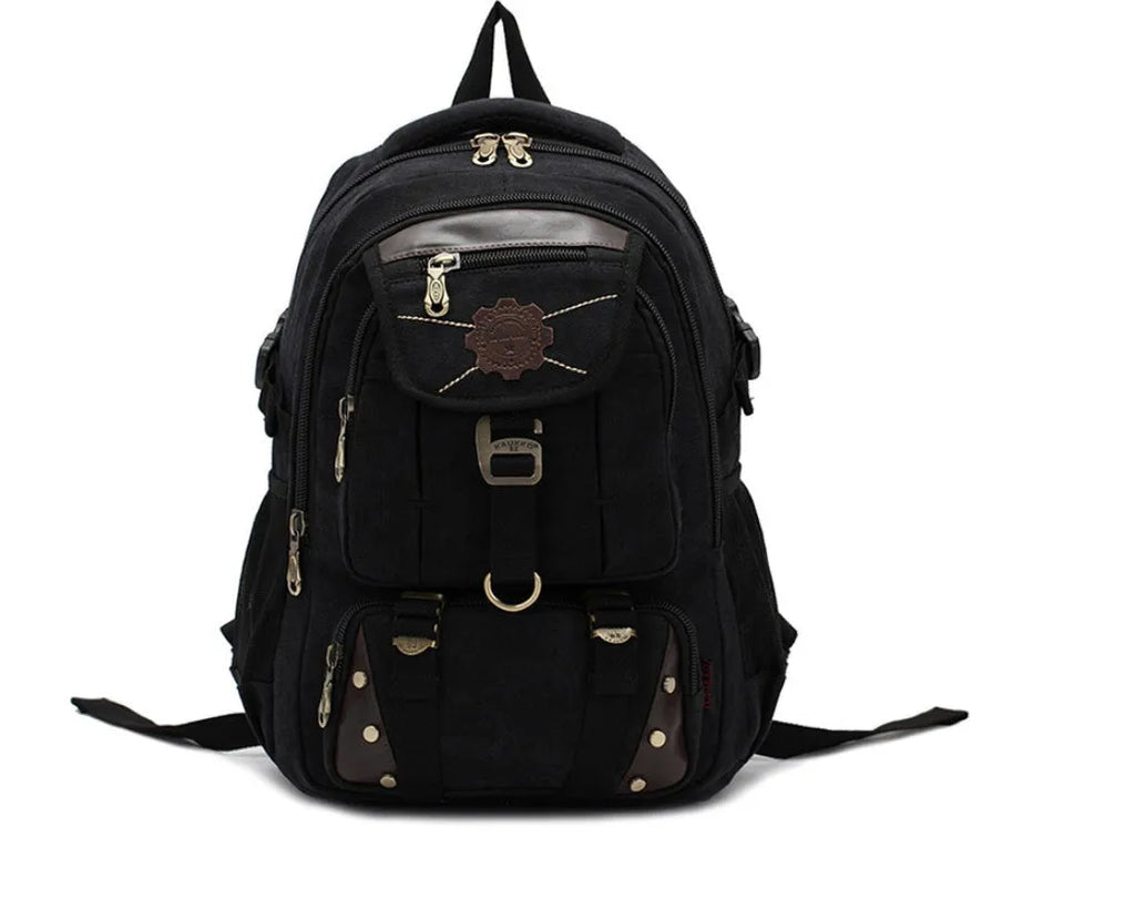 Canvas large 20-35L computer backpack with air cushion straps, black colour, square vertical section