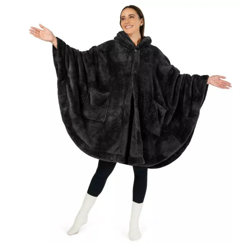 Thickened polyester hooded bathrobe in black, shown on a hanger
