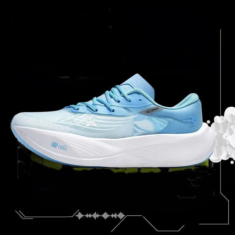 Adult low top lace-up sneaker with racing carbon plate, natural rubber sole, and PU mesh upper in Glacier colour.