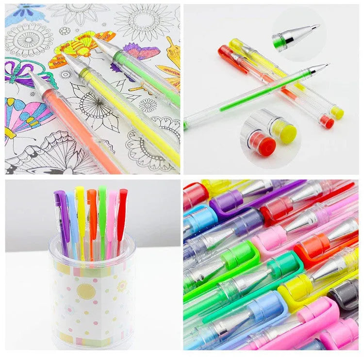 100-colour gel pen set with plastic barrels in assorted colours showing 0.5mm and 1mm tip sizes