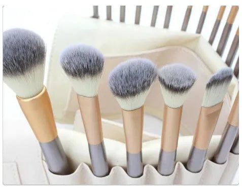 Persian make-up brush set with rice white bristles and champagne handles in 12, 18, or 24 piece options
