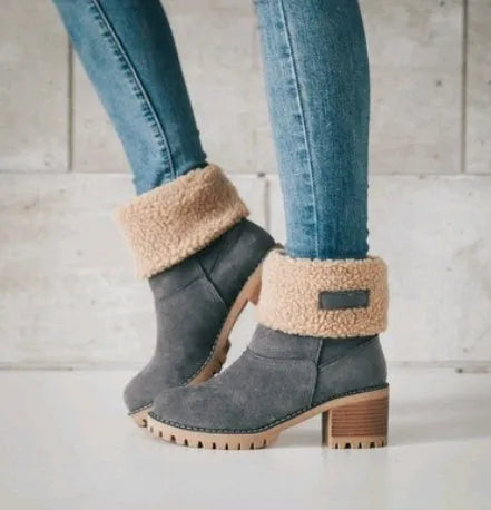 Women's suede mid-tube snow boots with thick platform sole in khaki colour