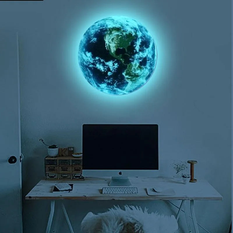 Glow in the dark 3D Earth wall sticker showing luminous planetary design on wall surface