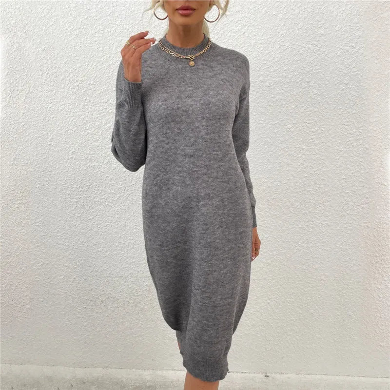 Women's grey crew neck long sleeve acrylic pullover sweater