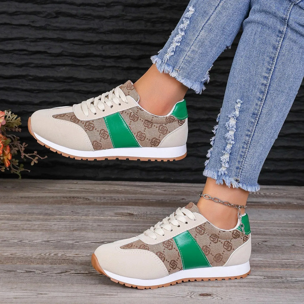 Oversized women's casual lace-up shoes in khaki, artificial PU upper, round toe, shallow mouth, flat rubber sole