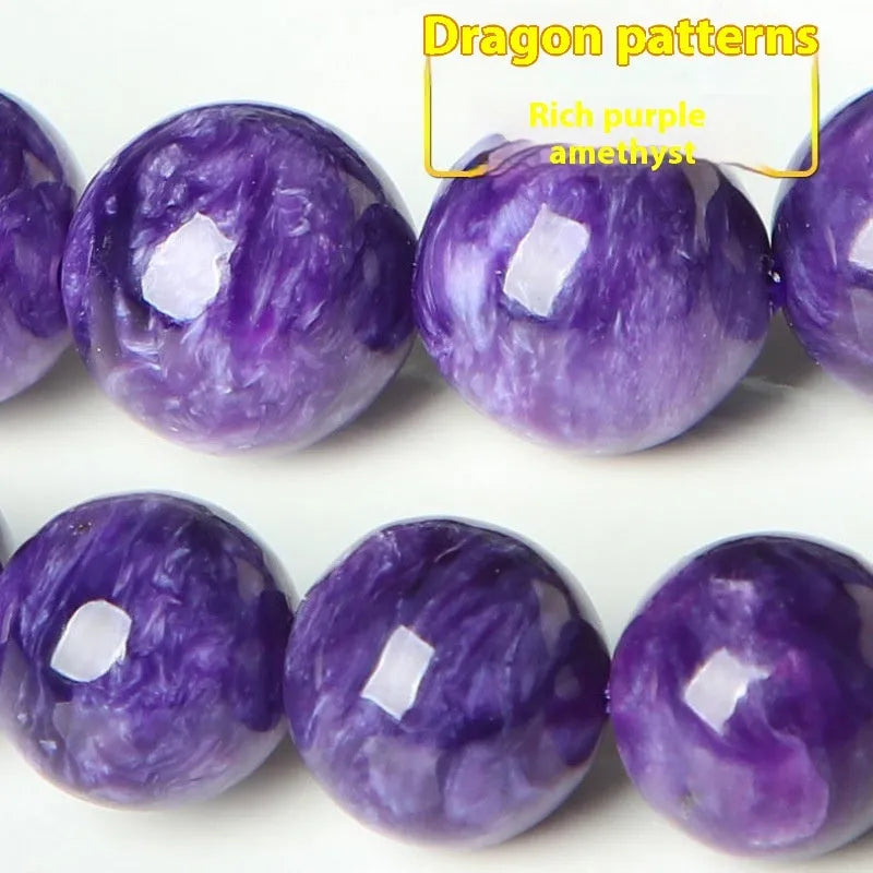 Natural transparent charoite crystal bracelet with platinum finish, showing different bead size options on a wrist.