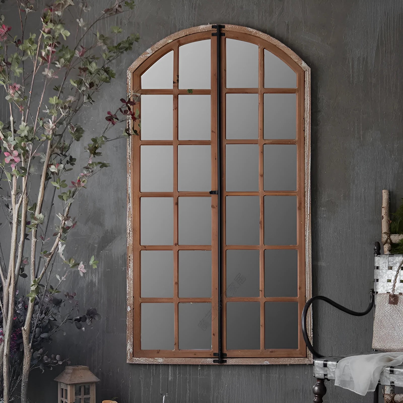Terrace distressed wooden fake window wall mirror with log-coloured frame