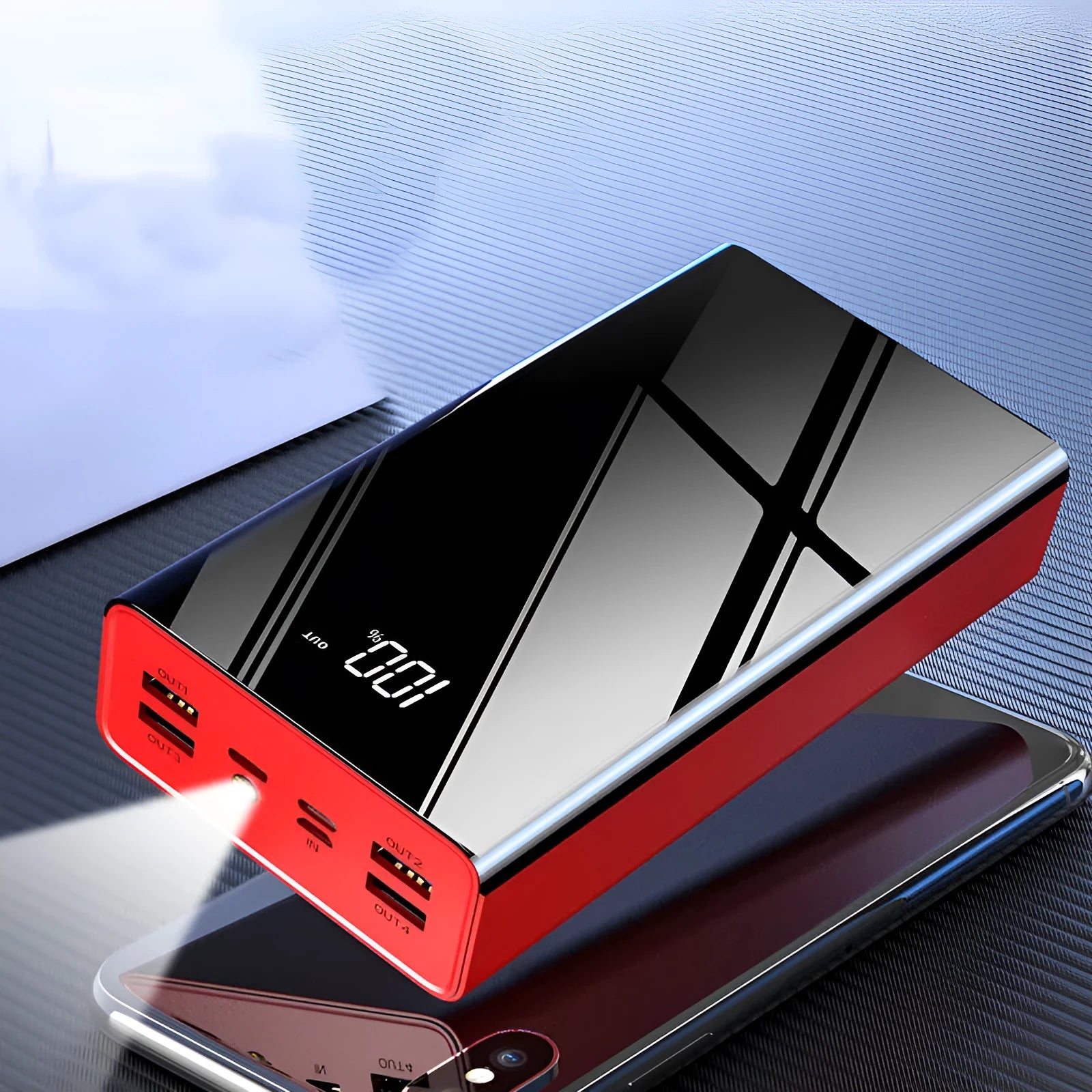 40000mAh LCD power bank in red or black plastic housing showing battery percentage display