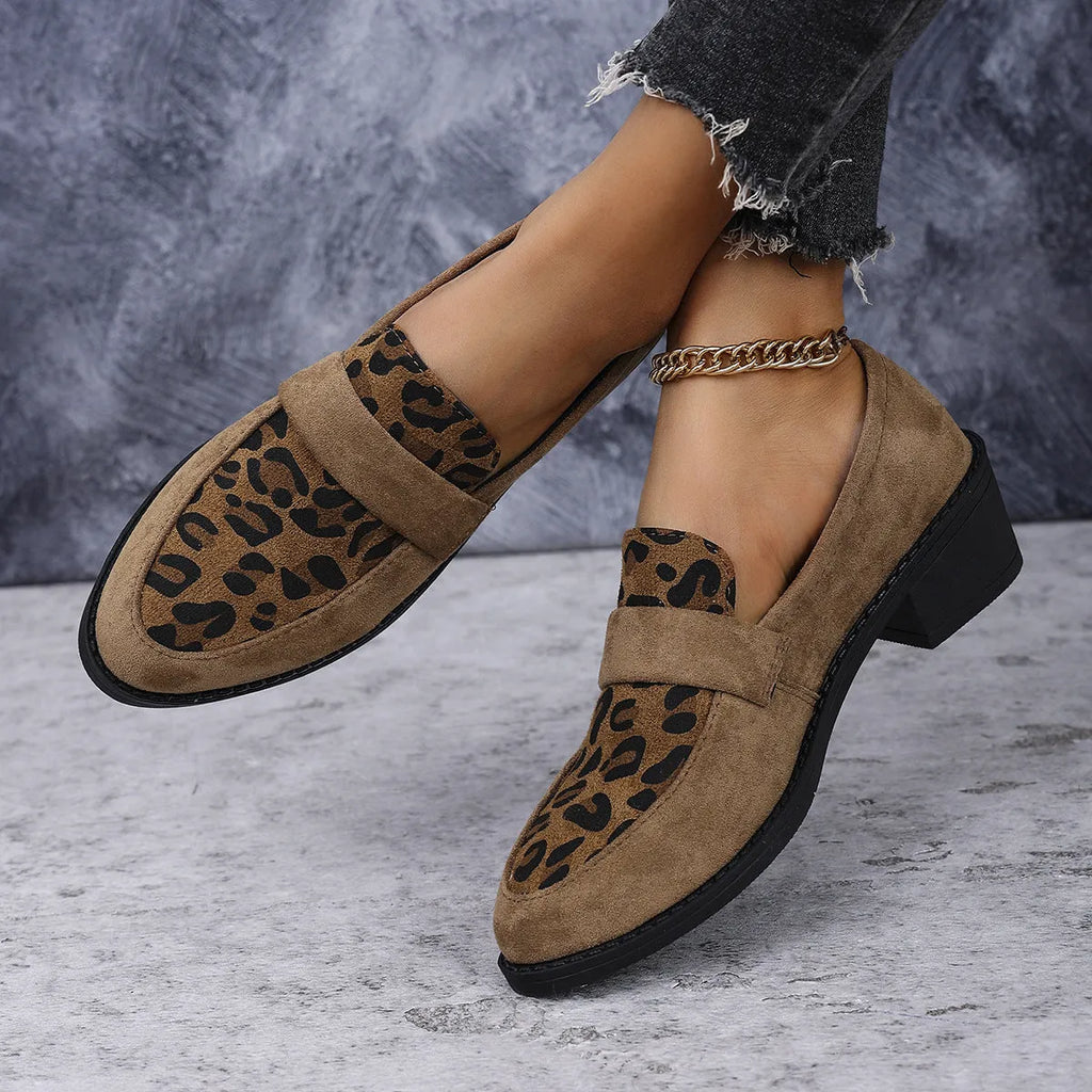 Women's leopard print slip-on pumps with pointed toe and chunky heel in brown, khaki, and pink colours