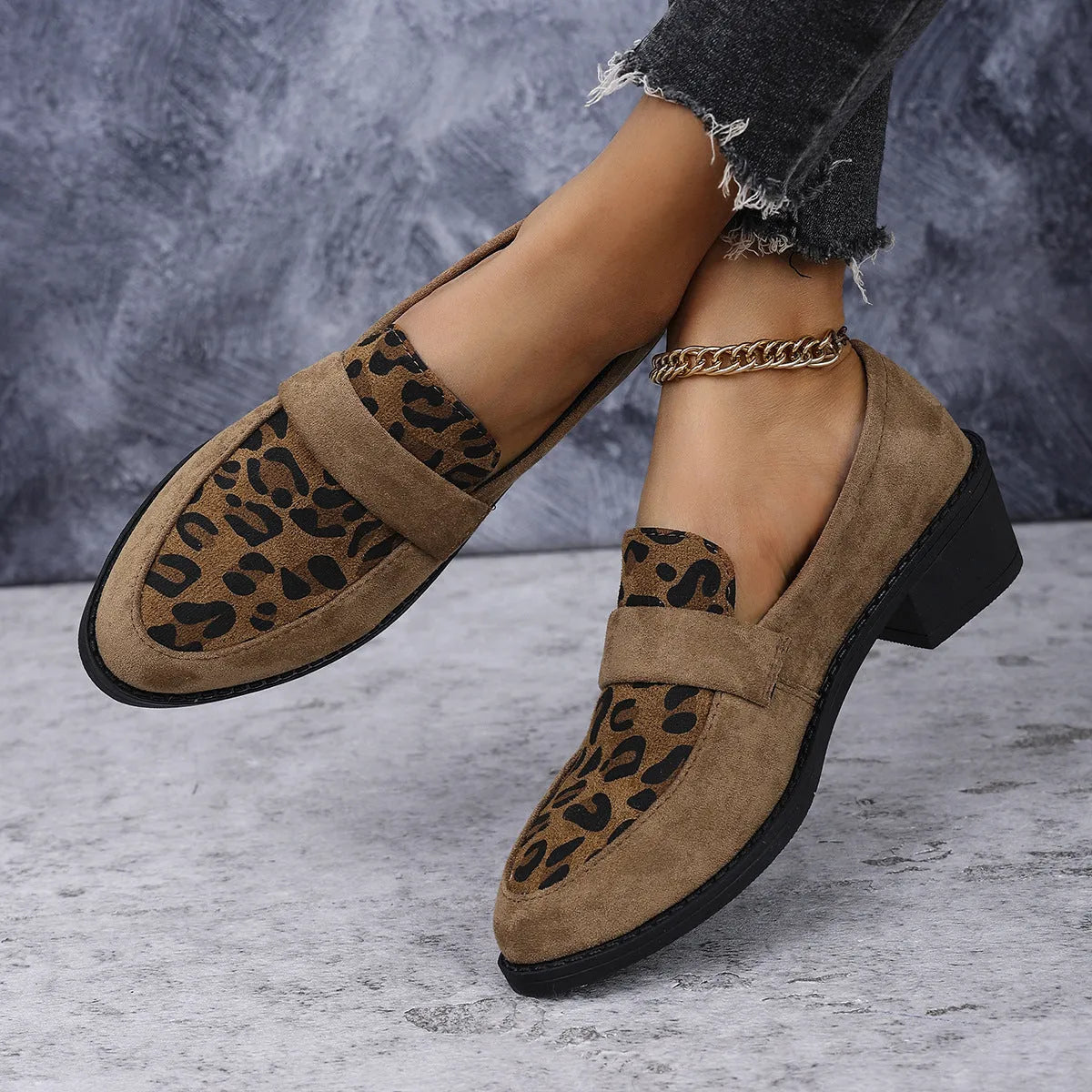 Women's leopard print slip-on pumps with pointed toe and chunky heel in brown, khaki, and pink colours