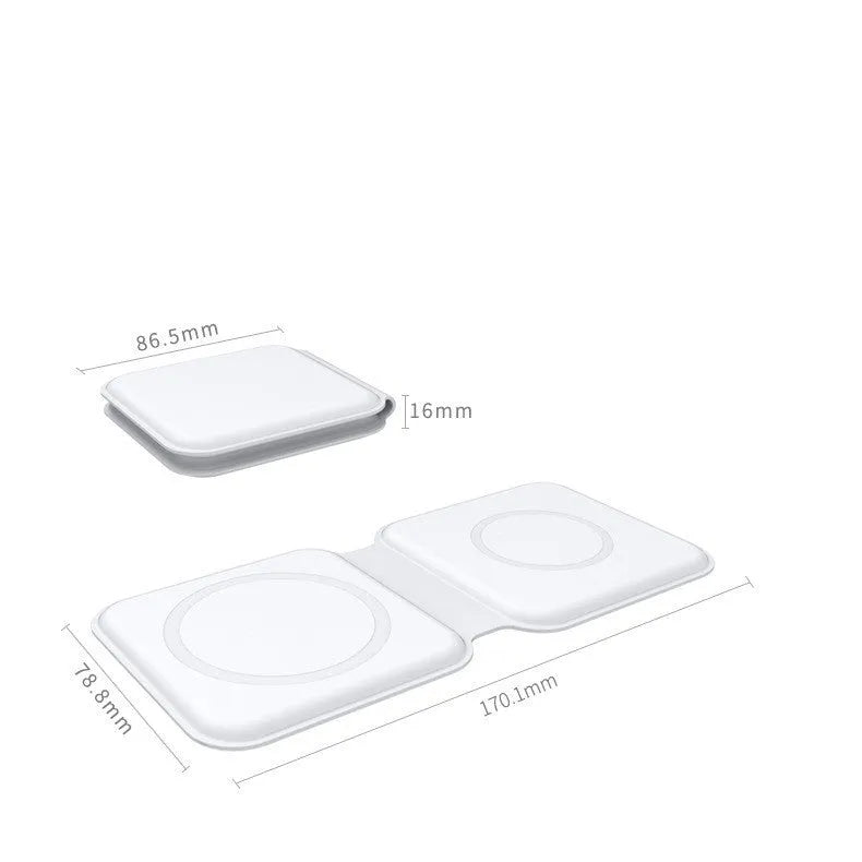 White folding dual magnetic wireless charger with 15W fast charging showing adjustable angle