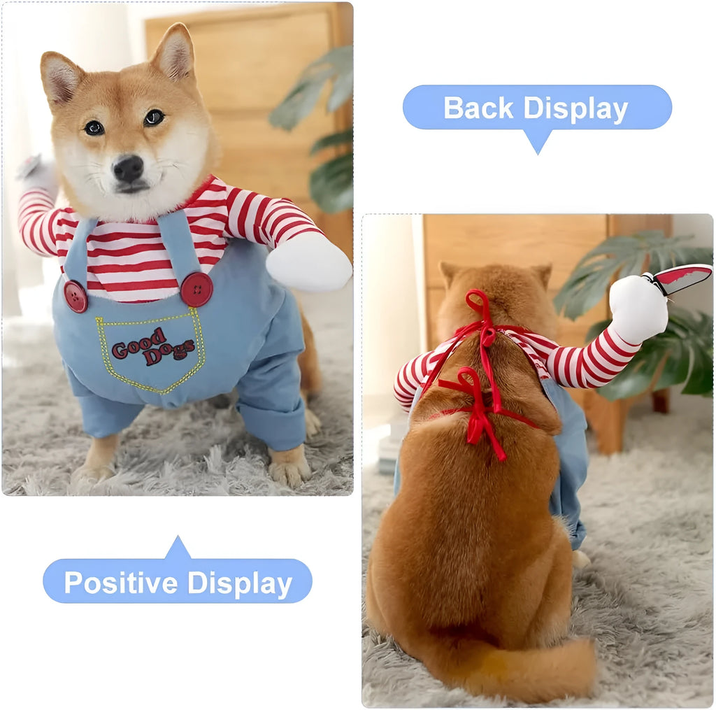 Striped prisoner Halloween costume for pets with harness back trousers and soft toy knife accessory