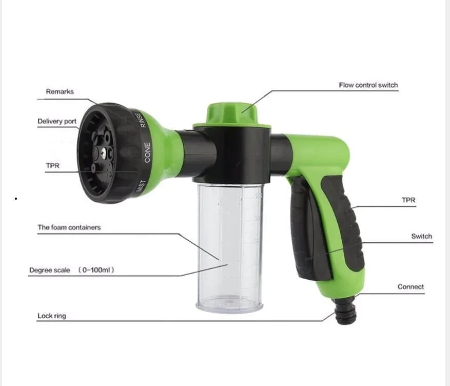 Green high-pressure foam spray gun with adjustable nozzle for car washing and garden watering