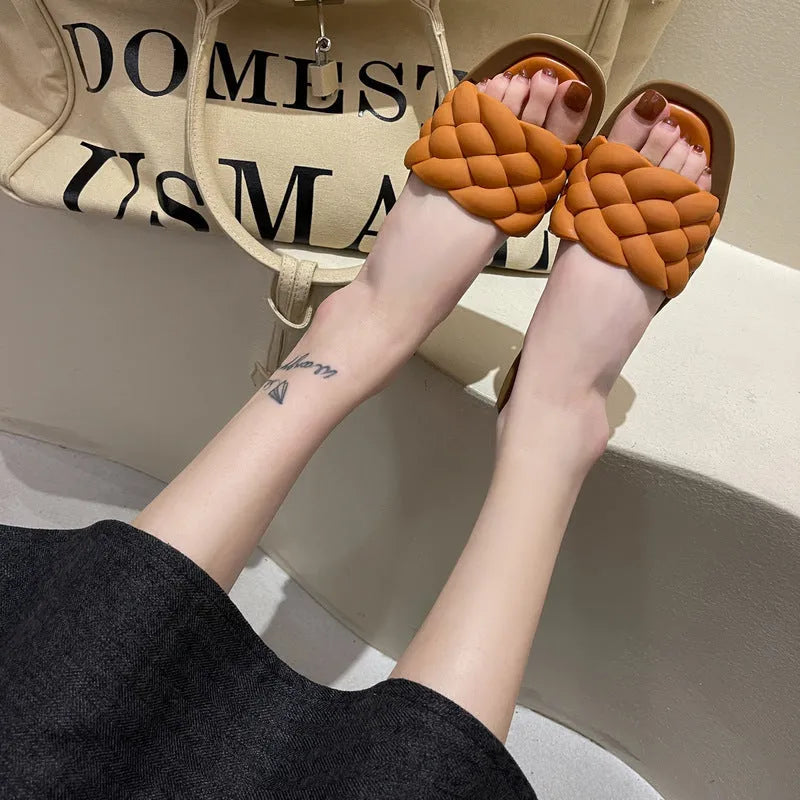 Women's plaid pattern beach sandals with thick PVC soles in black, green, orange or white colours