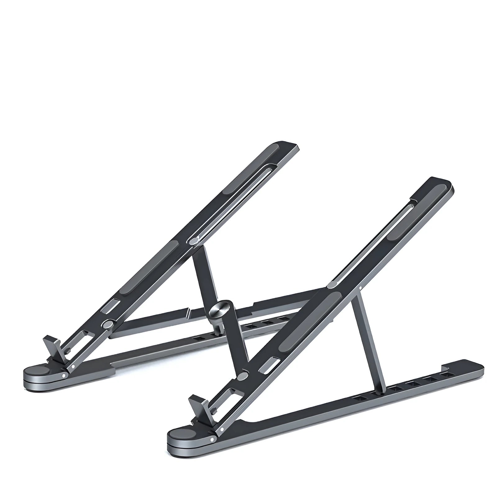 Portable aluminium laptop stand folded flat next to an open laptop showing its adjustable height.