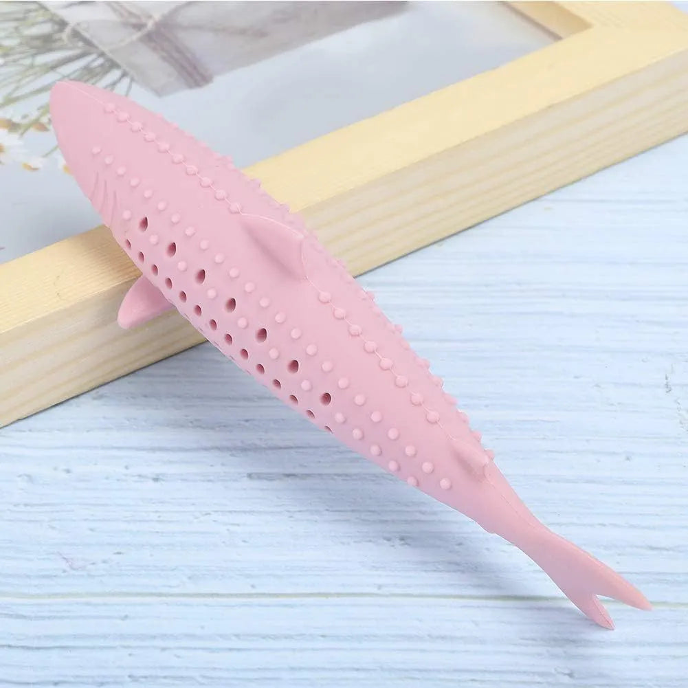 Silicone fish-shaped cat chew toy with side holes for catnip scent release in green colour