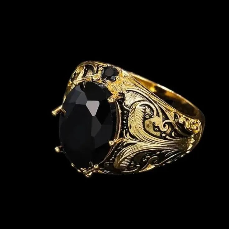 Silver men's wide ring with geometric pattern and dark blue imitation gemstone