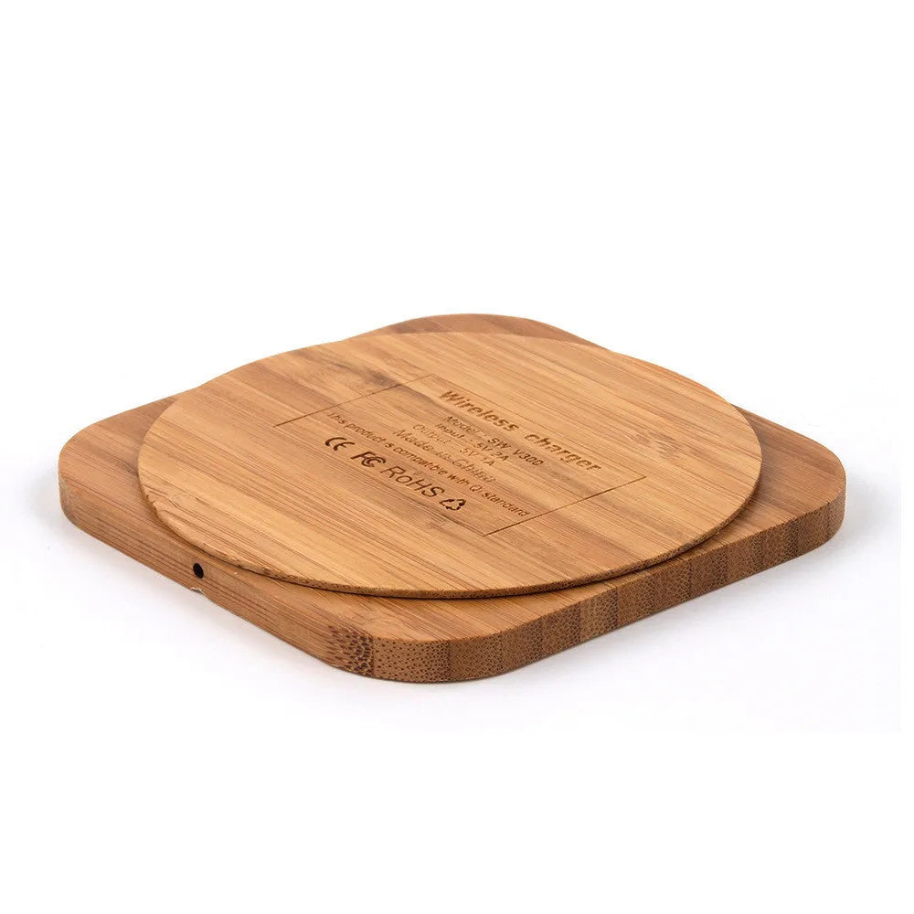 Square wooden bamboo wireless charging pad showing 92mm dimensions with Qi charging indicator light