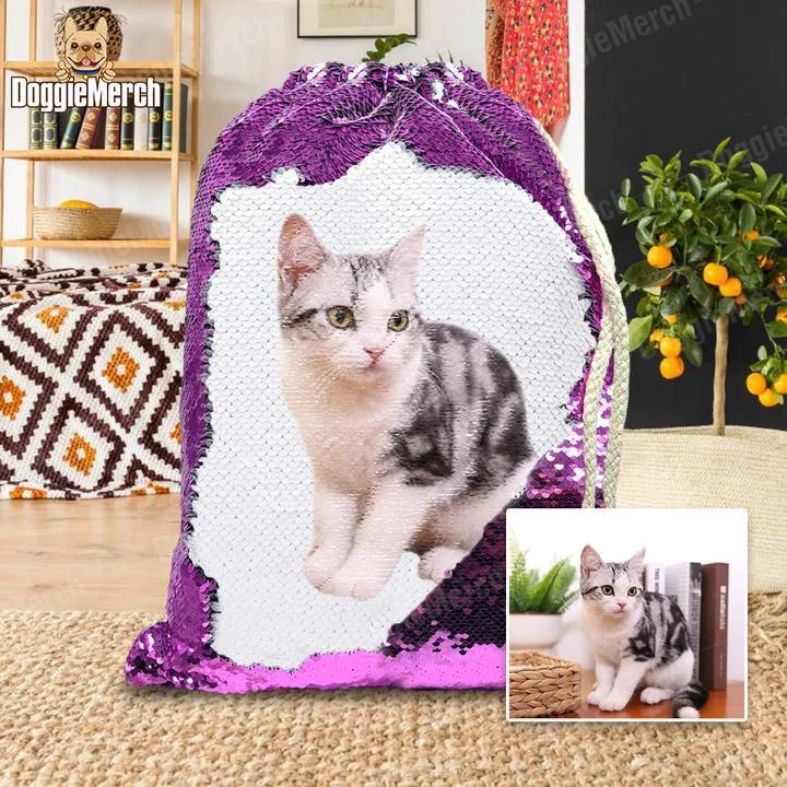Custom pet photo backpack with glittering sequins in purple, gold or silver options