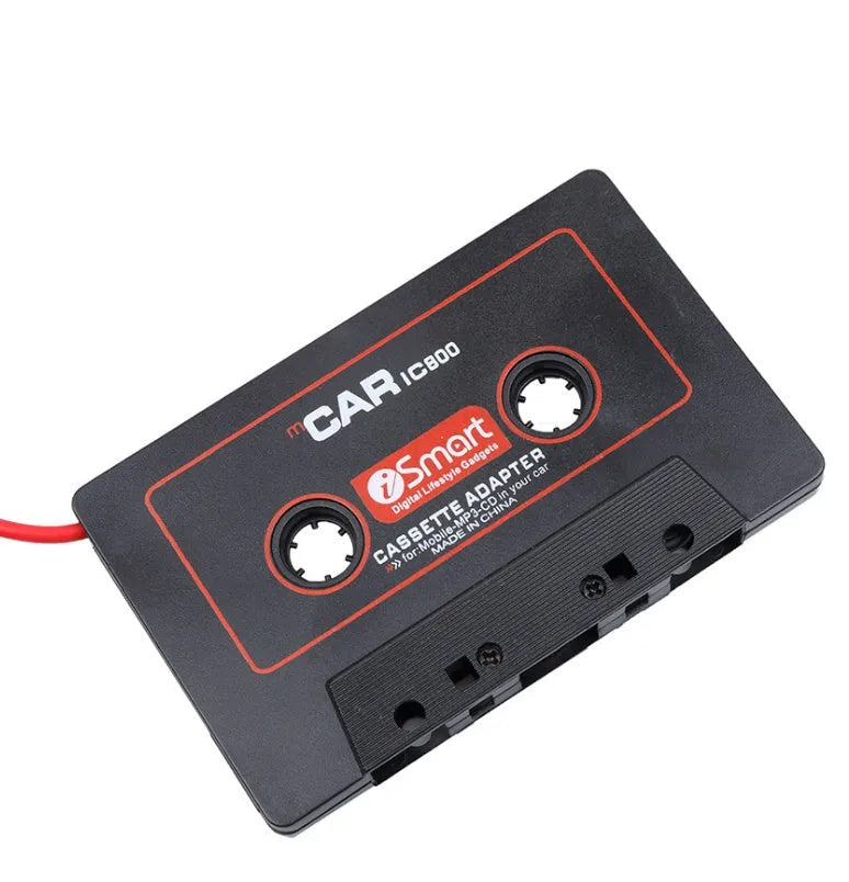 Black cassette tape adapter with a 3.5mm audio jack for connecting MP3 players to car stereos.
