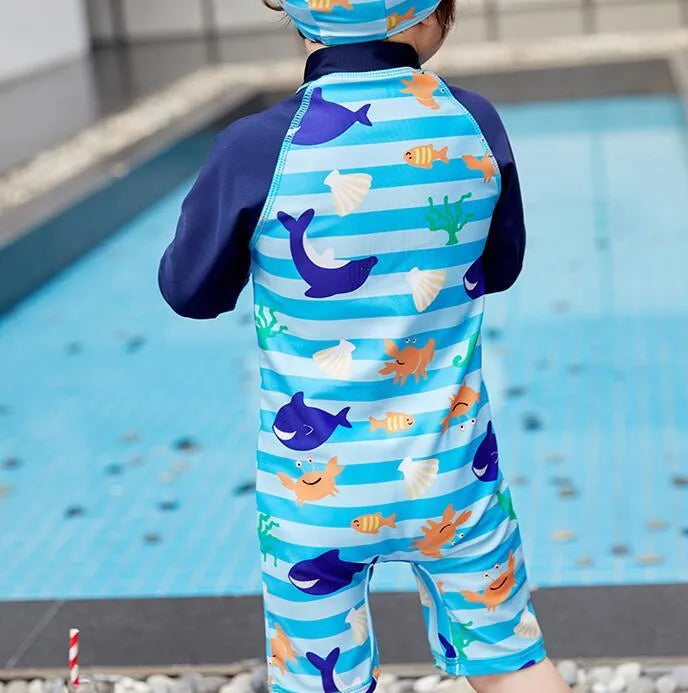 Children's one-piece swimsuit in striped shark pattern, available in sizes 2-10 yards, made from polyester-oxygen blend