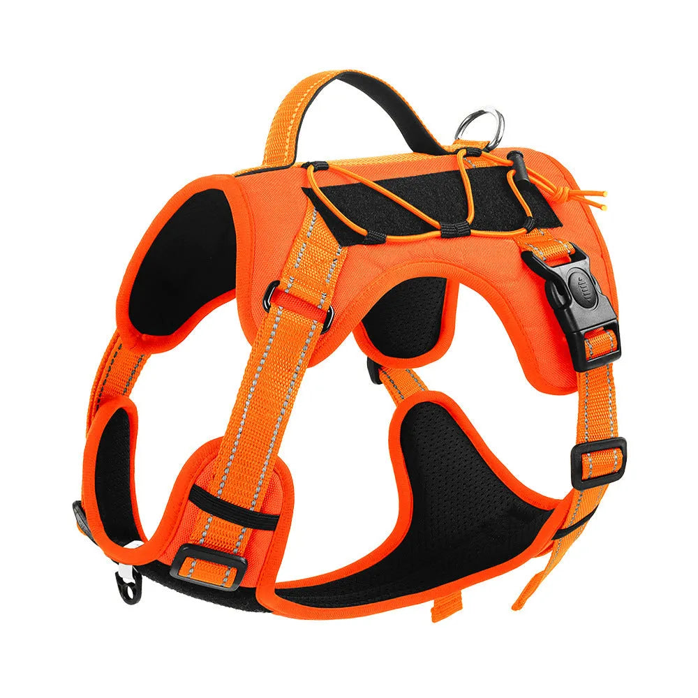 Reflective orange dog harness with explosion-proof breast strap and integrated hand holding rope
