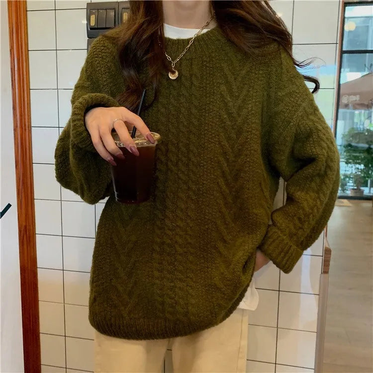 Thick hemp flowers knitted round neck sweater retro loose top in solid colour with long sleeves and round neck