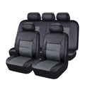 Artificial leather car seat covers in a choice of colours, shown in 2-piece, 4-piece, and 9-piece set configurations.