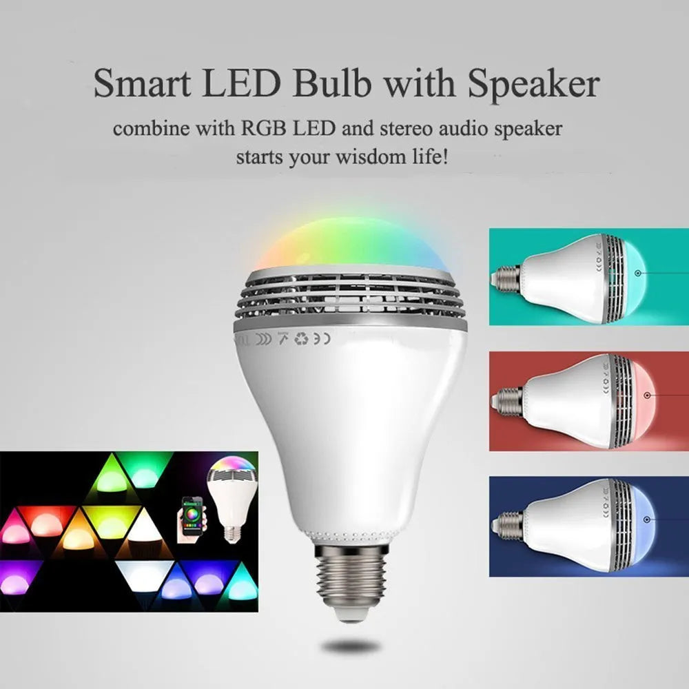 White E27 smart bulb with Bluetooth speaker and LED lights, 100mm diameter.