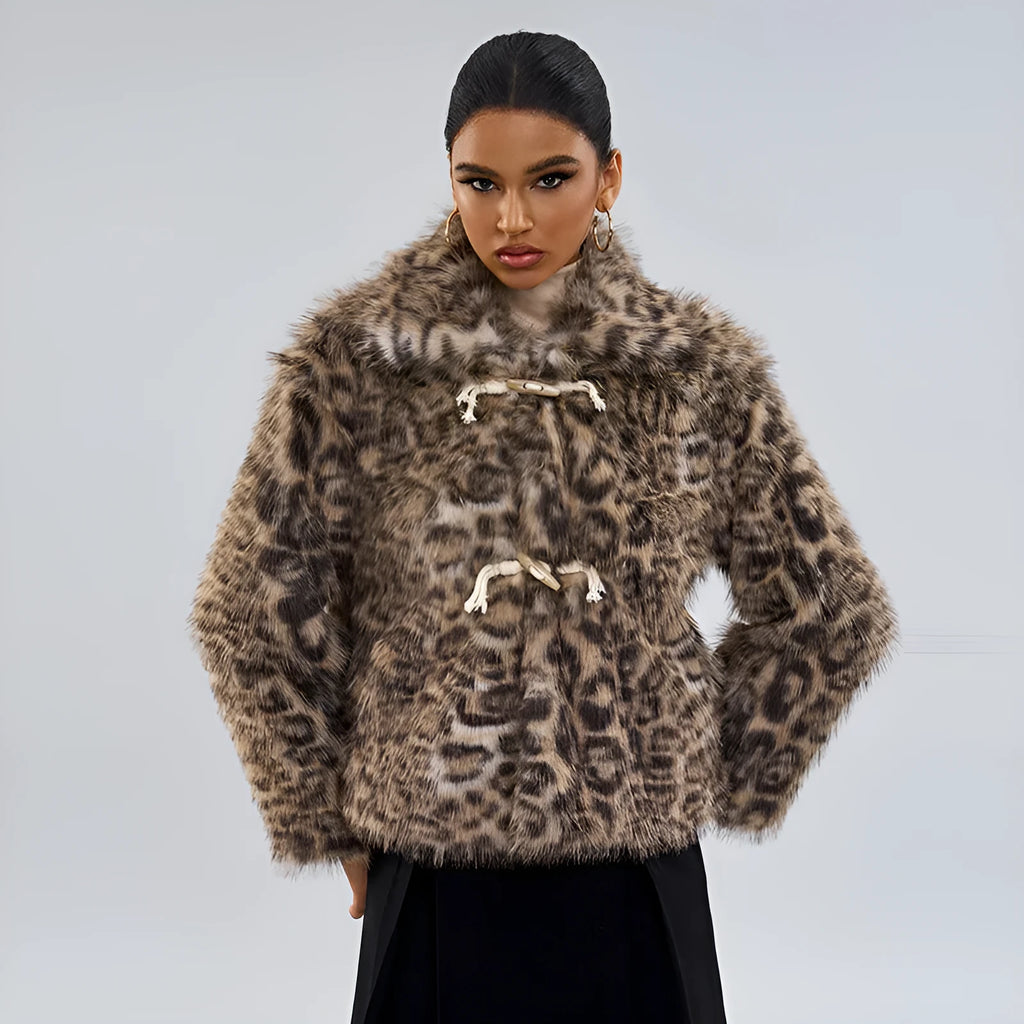 Women's leopard print coat with metallic buckle detail on lapel, regular sleeves, polyester construction