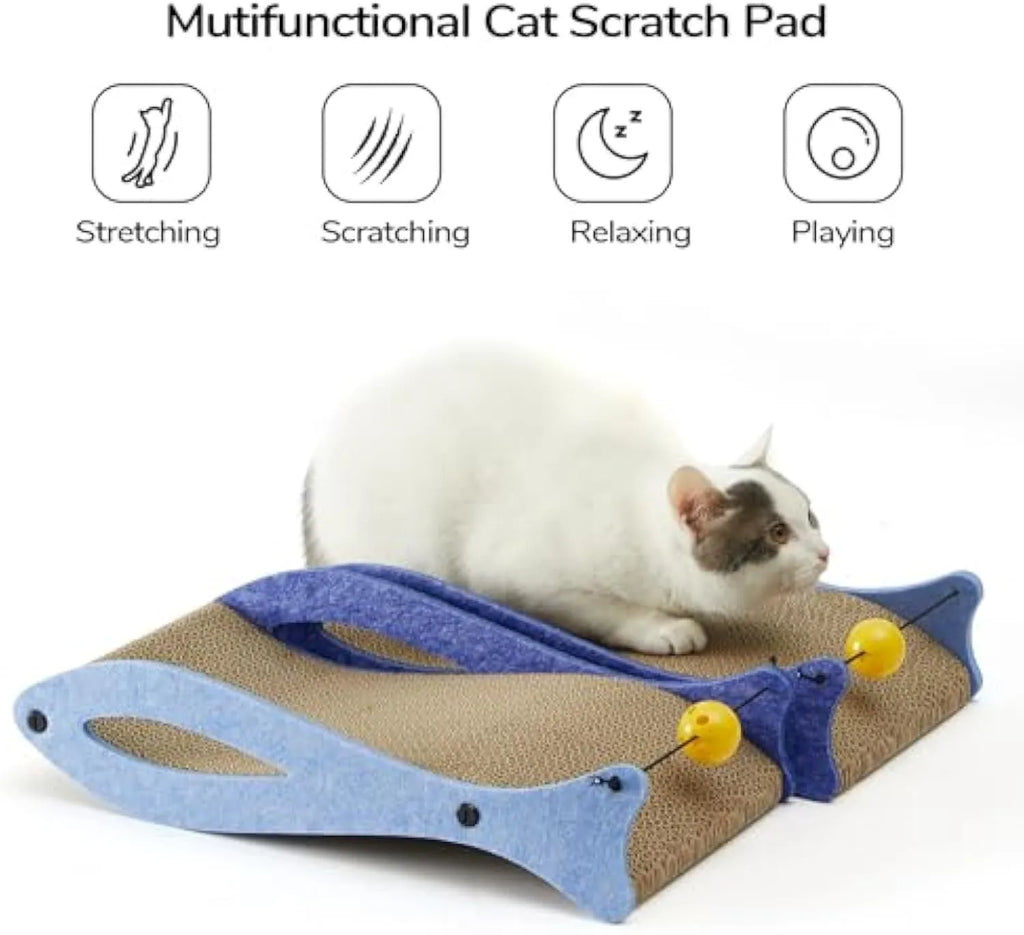 Blue fish-shaped cardboard cat scratcher lounge with wavy design and hanging bell ball toys