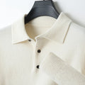 Men's grey woolen pullover sweater with a polo collar and long sleeves laid flat.