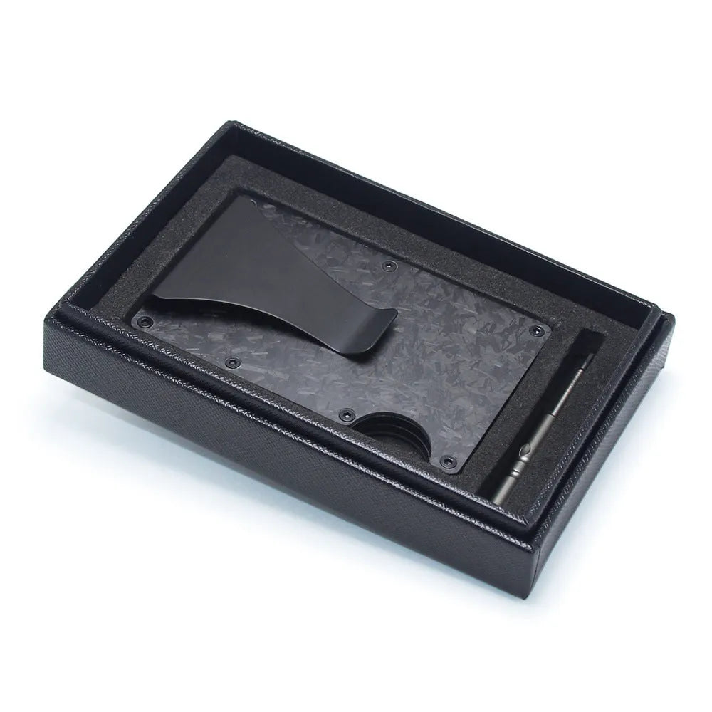 Geometric carbon fibre card wallet with business cards showing 8mm thickness