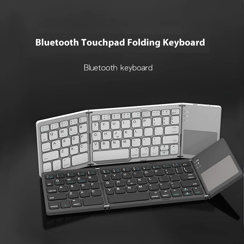 Black tri-fold Bluetooth keyboard shown open next to folded size comparison