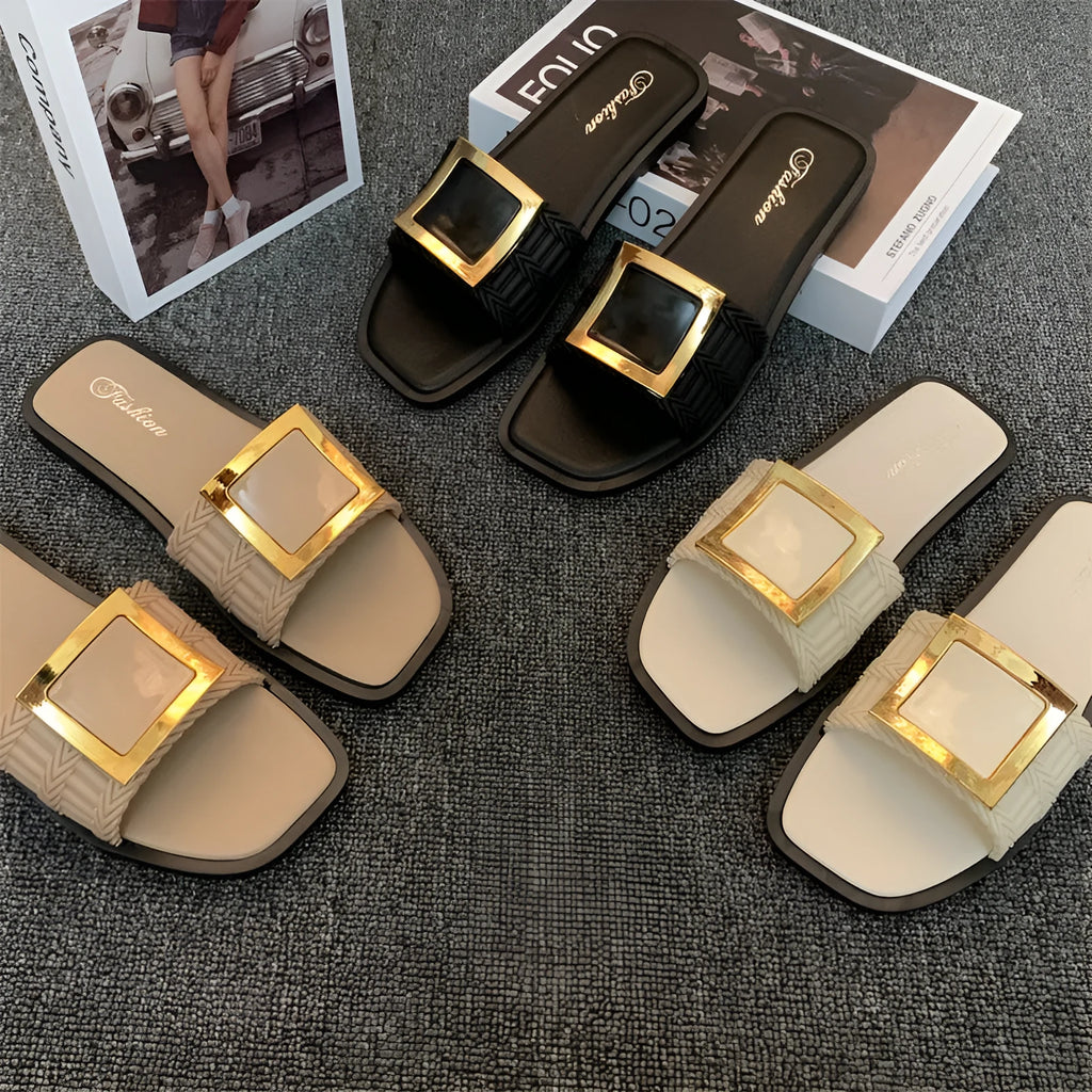 Women's apricot, black, and khaki coloured casual flat summer slippers with a waterproof PVC non-slip sole