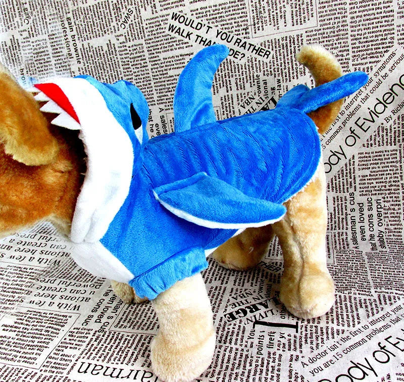 Realistic blue shark suit cosplay costume with embroidered eyes and zigzag mouth on model