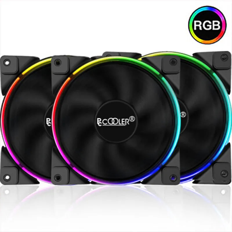 Three black 120 mm PC chassis fans with RGB lit blades on a dark background.