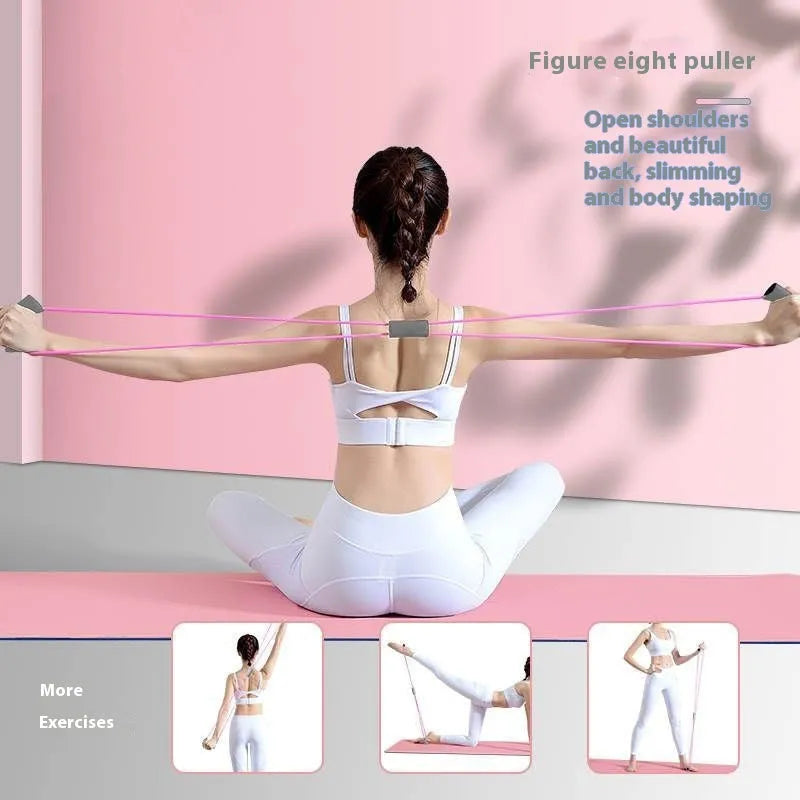 Yoga four piece fitness set showing leg beauty device, yoga ring, pedal tension device and eight character tension rope