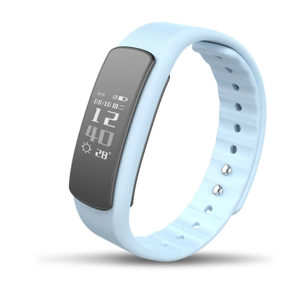 I6 smart sports bracelet with 0.96 inch touch screen showing black TPU wristband and PC body