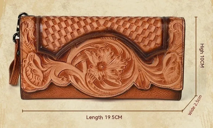 Women's brown leather tri-fold wallet with embossed Chinese floral pattern showing interior compartments