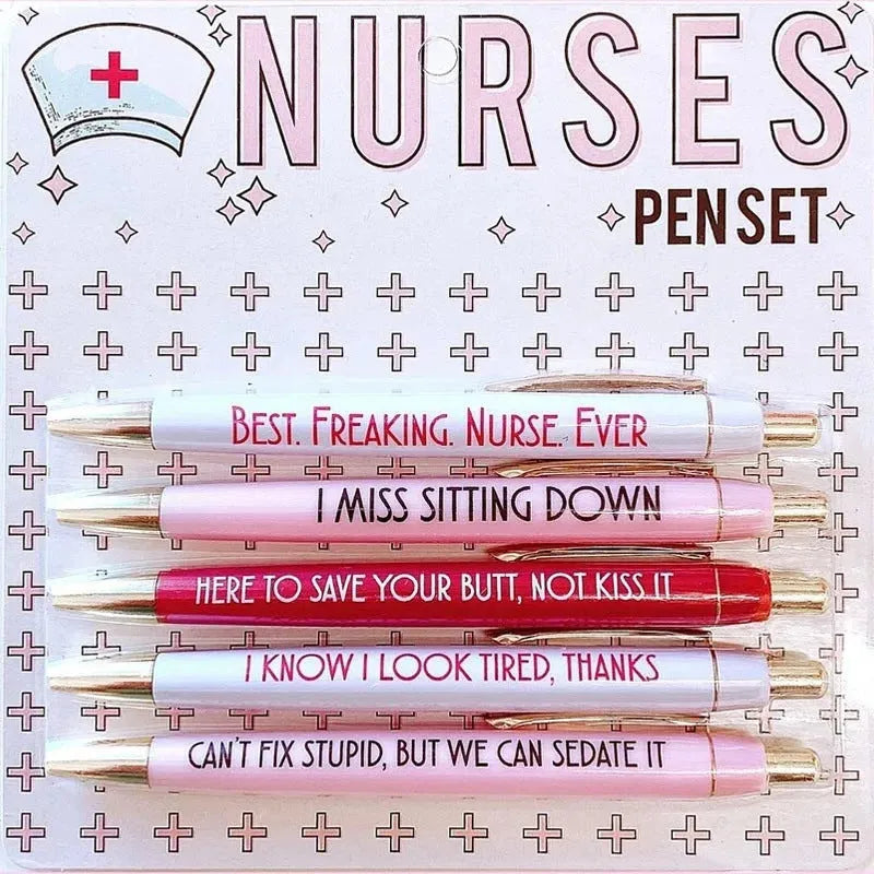 Set of five blue and white nurse-themed retractable ballpoint pens.