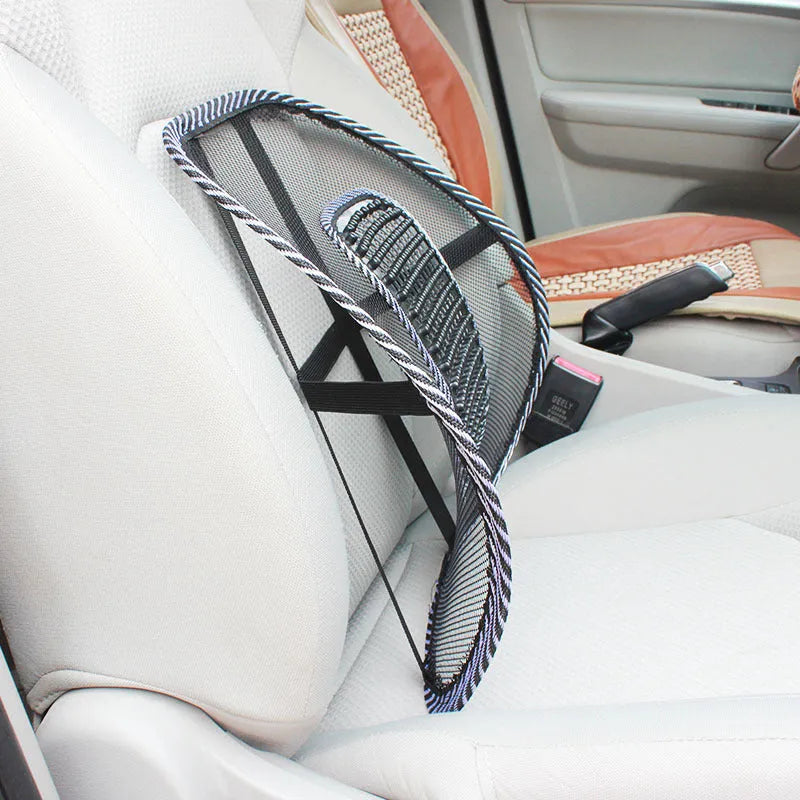Black car lumbar support pillow showing 41x39cm dimensions and polypropylene fibre material.