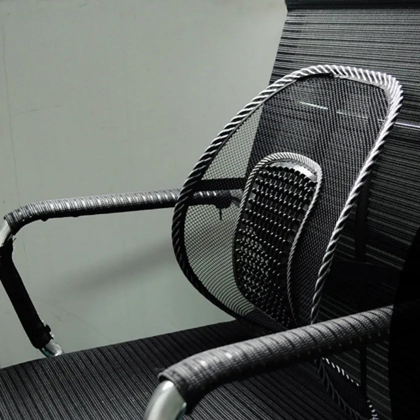 Black car lumbar support pillow showing 41x39cm dimensions and polypropylene fibre material.