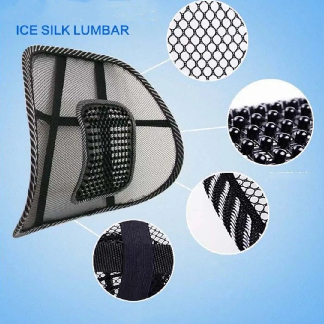 Black car lumbar support pillow showing 41x39cm dimensions and polypropylene fibre material.