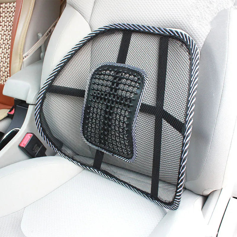 Black car lumbar support pillow showing 41x39cm dimensions and polypropylene fibre material.