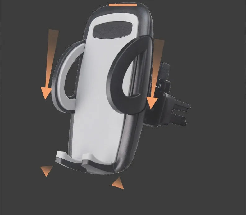 Black car mobile phone holder mounted on air conditioning vent with adjustable clamp for smartphones