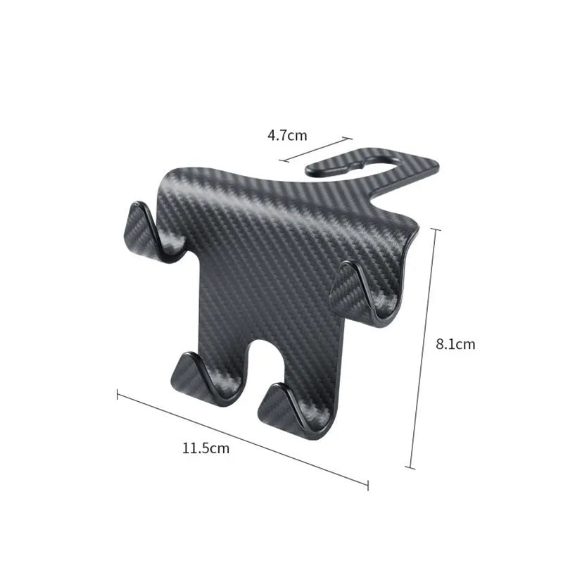 Black ABS plastic car hook bracket with integrated phone holder, shown from the side.